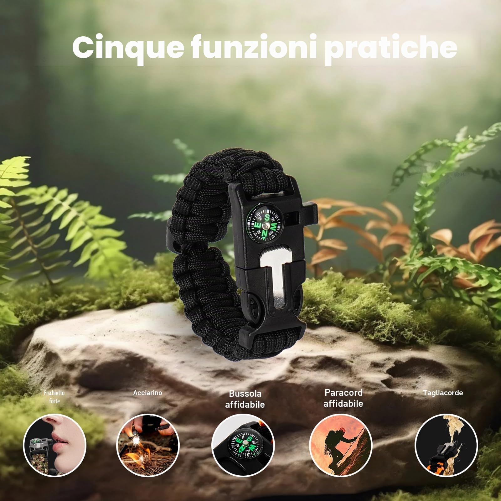 6 Pezzi Braccialetto Paracord Sopravvivenza Kit, Bracciale Sopravvivenza Regolabile, con Flint Bussola Fischietto Lame, per attività all'aperto Escursionismo Campeggio di Emergenza
