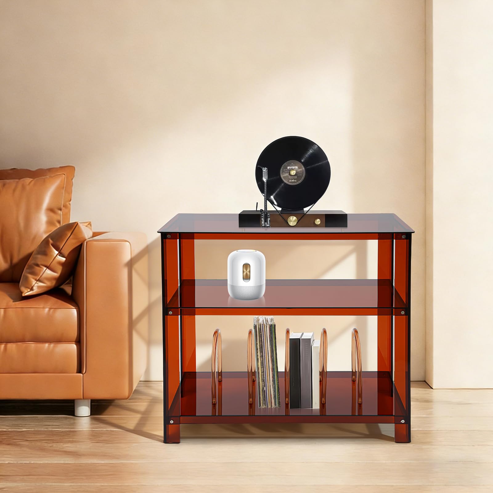 Acryl Plattenspielerständer Schallplatten Regal mit 3 Ablagen, Plattenständer mit Schallplatten Aufbewahrung, Vinyl Regal für Schlafzimmer, Wohnzimmer & Musikzimmer, 80 * 40 * 74 cm (Braun)
