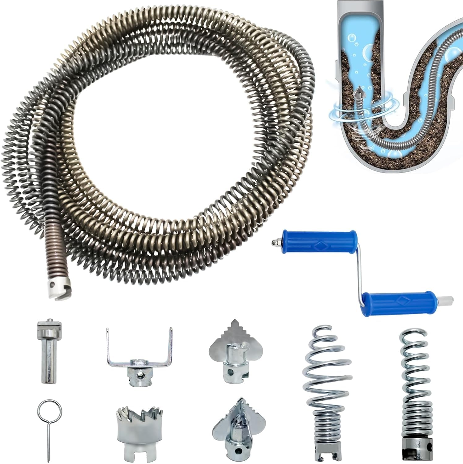 Desatascador Manual de Tuberías 5M, Desatascador Fregadero con 8 Accesorios, Diámetro 12mm - Espiral de Limpieza para Baño, Cocina, Ducha y WC