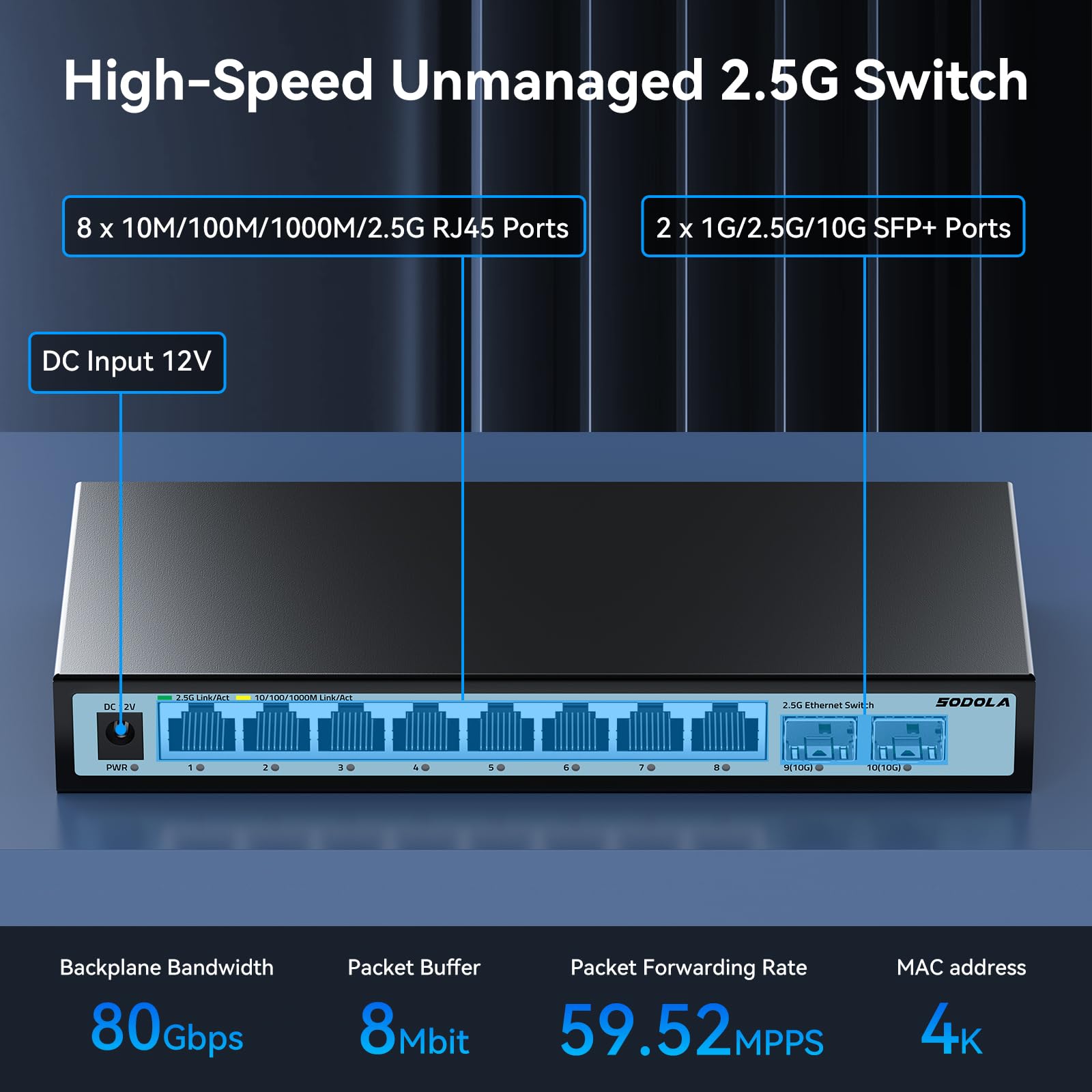 SODOLA Switch 2.5 Gigabit 8 Ports avec 2 Port SFP+ 10G‌ | Plug-and-Play, boîtier métallique, sans ventilateur, montage bureau/mural, adapté aux PC, NAS, serveurs