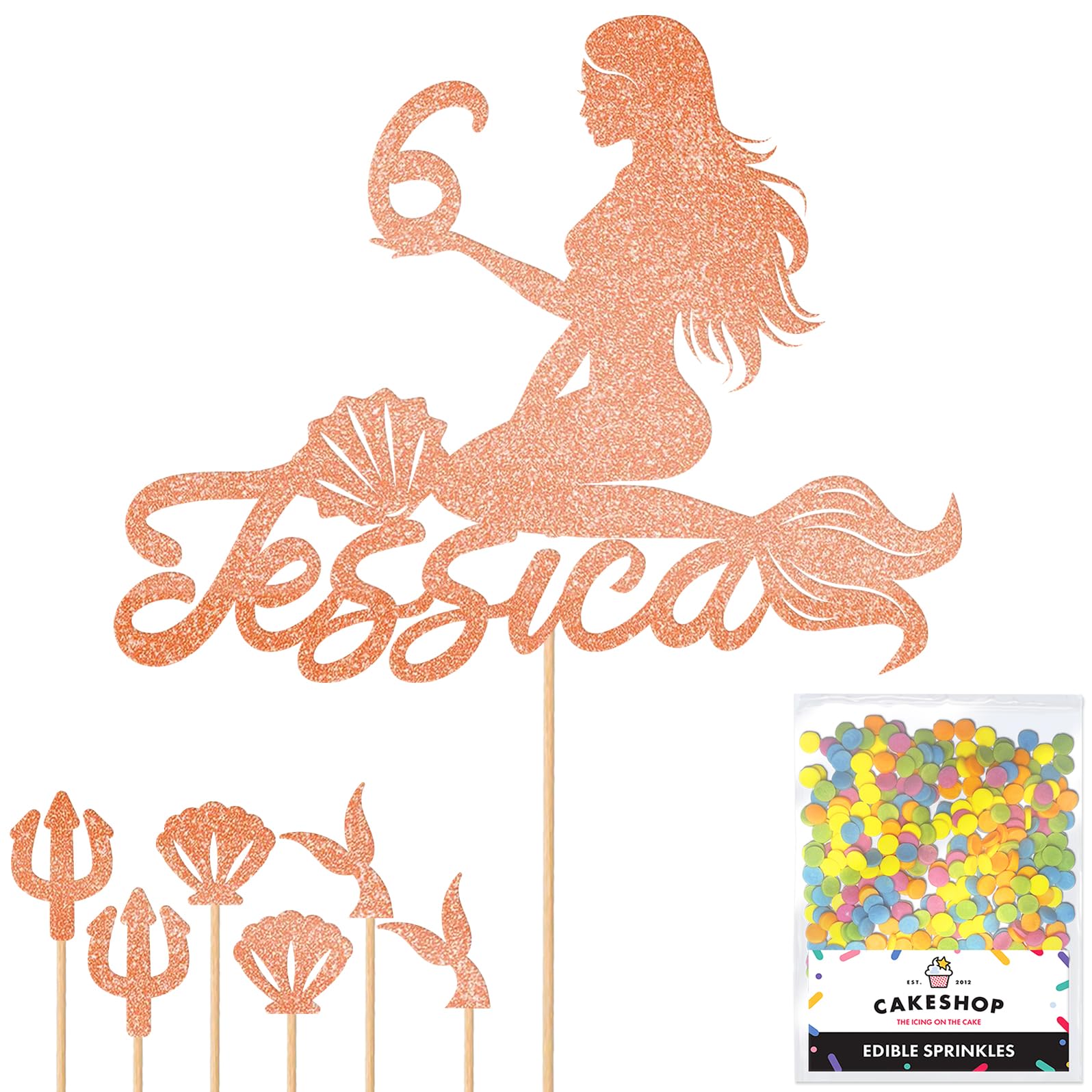 Personalised Birthday Mermaid Glitter Cake Topper- Rose Gold Any Custom Age & Name Glitter Cake Decoration and Sprinkles - Happy Birthday Decorations - Personalised Toppers for Cakes by Cakeshop — image 1
