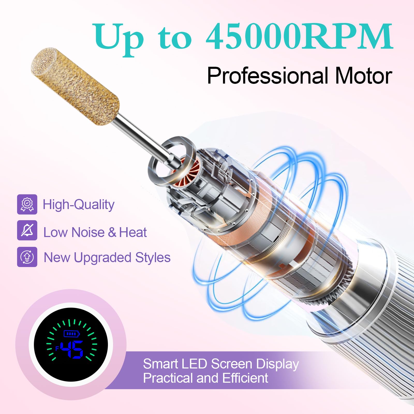 Electric Nail Drill File Professional 45000 RPM, LUELLE Electric Nail File Machine Kit for Acrylic Gel Nails Polishing Removing, Portable Rechargeable Cordless E File with Gold Bits Kit for Salon Home