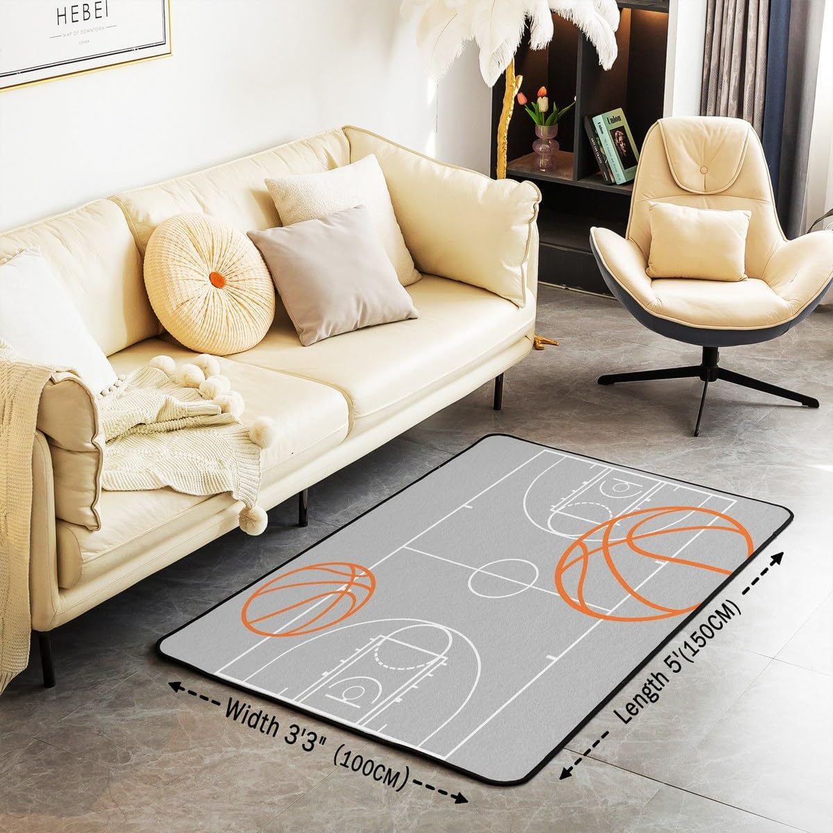 Feelyou Basketball for Kids Boys Girls Basketball Court Decorative Rug Area Rug 3x5 Grey Living Room Rugs Decor Sport Indoor Floor Mat