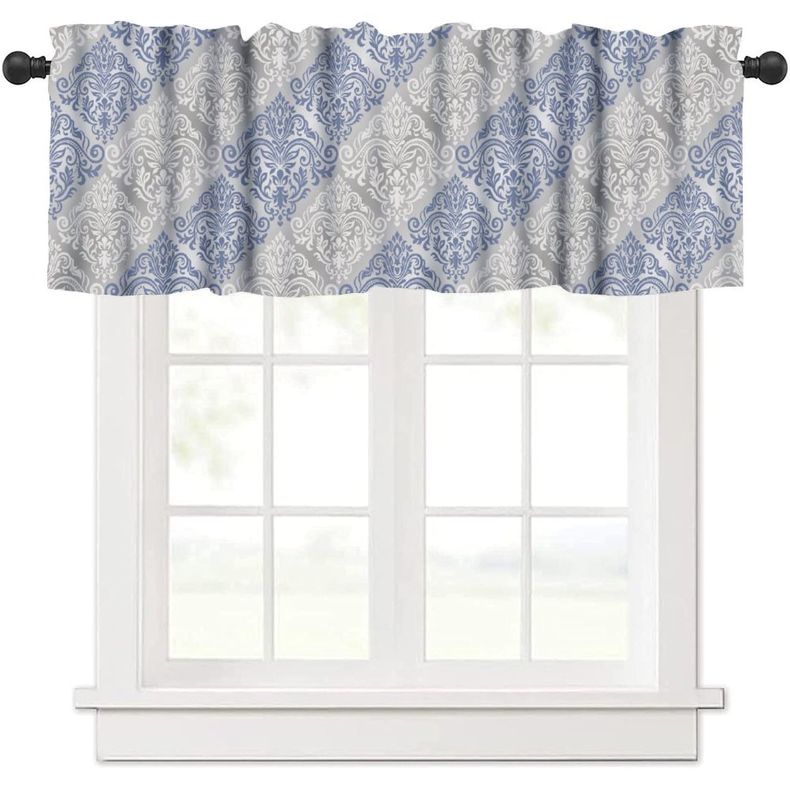 moderw Grey Blue Damask Window Curtains Valance, Vintage Luxury Classic Oriental Silver Damask Floral Window Treatments Valance Curtain for Farmhouse Living Room Kitchen 54x18inch