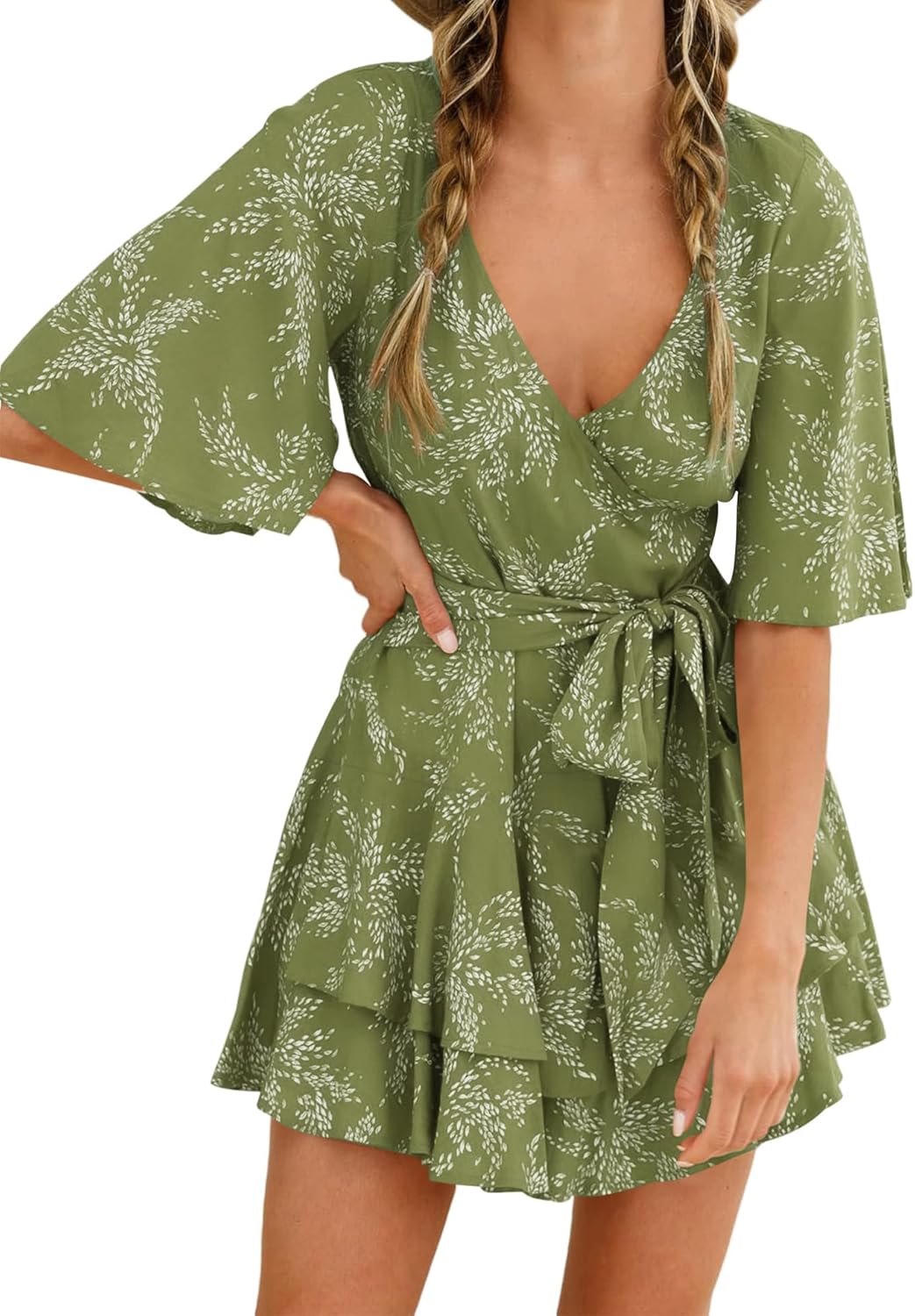 Bonkwa Women's Casual Rompers Floral Print Mid Sleeves Waist Tie Romper Ruffle Hem Deep V-Neck Short Jumpsuits for Summer - Image 4