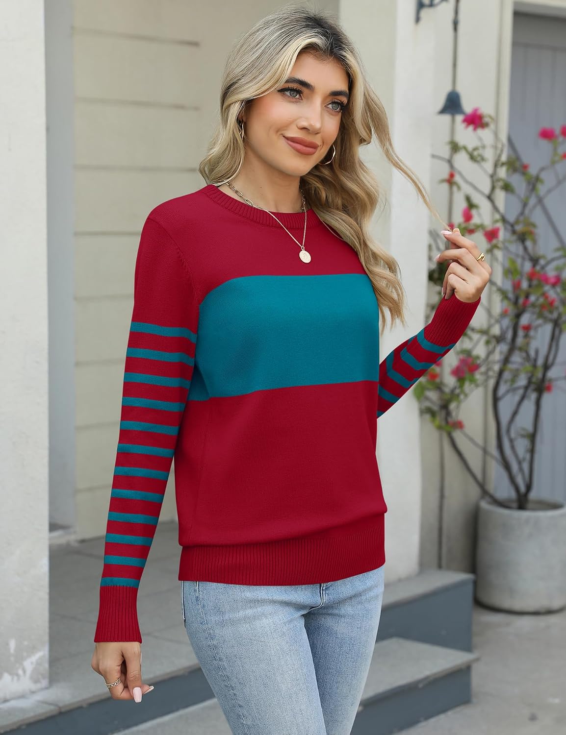 LOMON Womens Sweaters Long Sleeve Crew Neck Striped Color Block Sweaters Fall Fashion Knit Pullover Tops