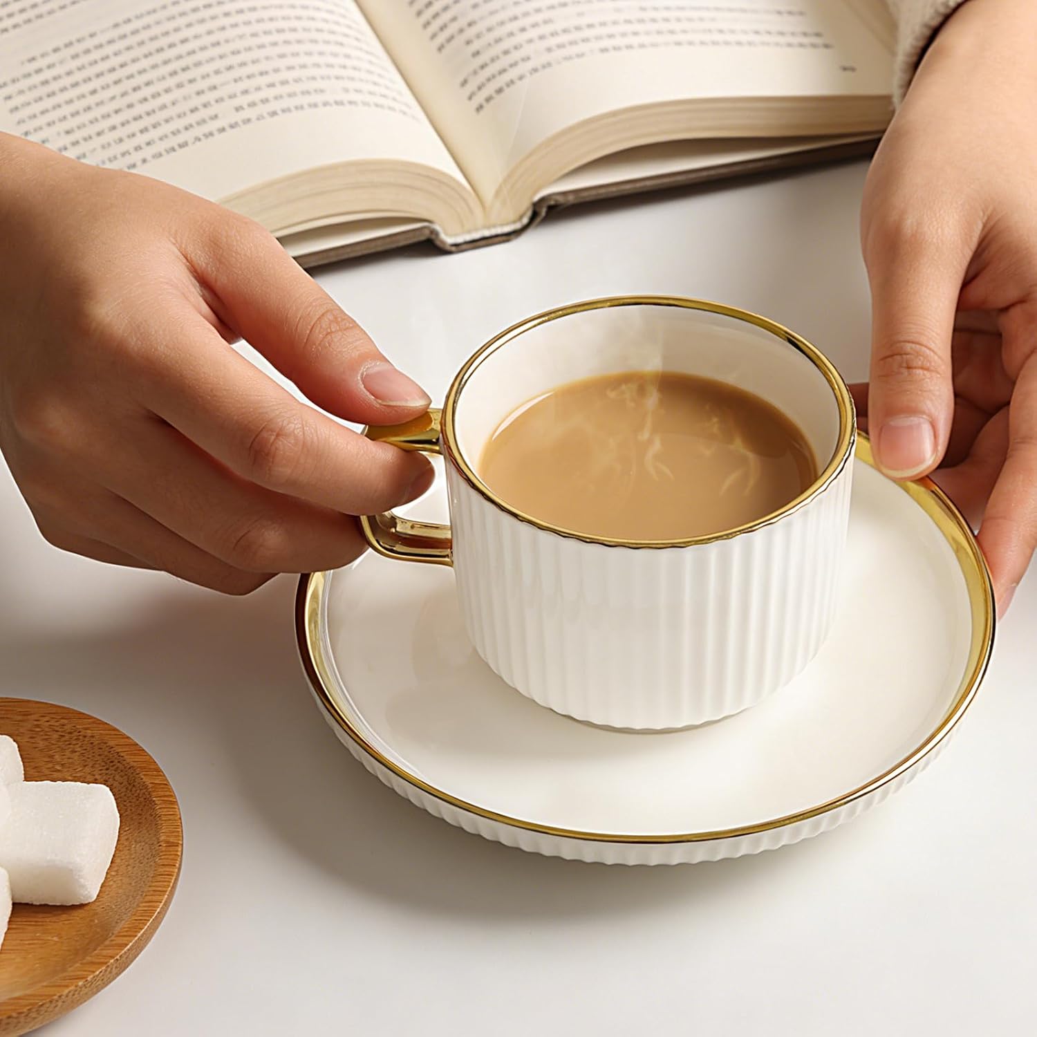 7oz White Gold Ceramic Coffee Mug Set of 4, Latte Mugs with Saucers and Spoons, White Latte Cups and Espresso Mug for Specialty Coffee Drinks, Latte, Cafe Mocha, Tea