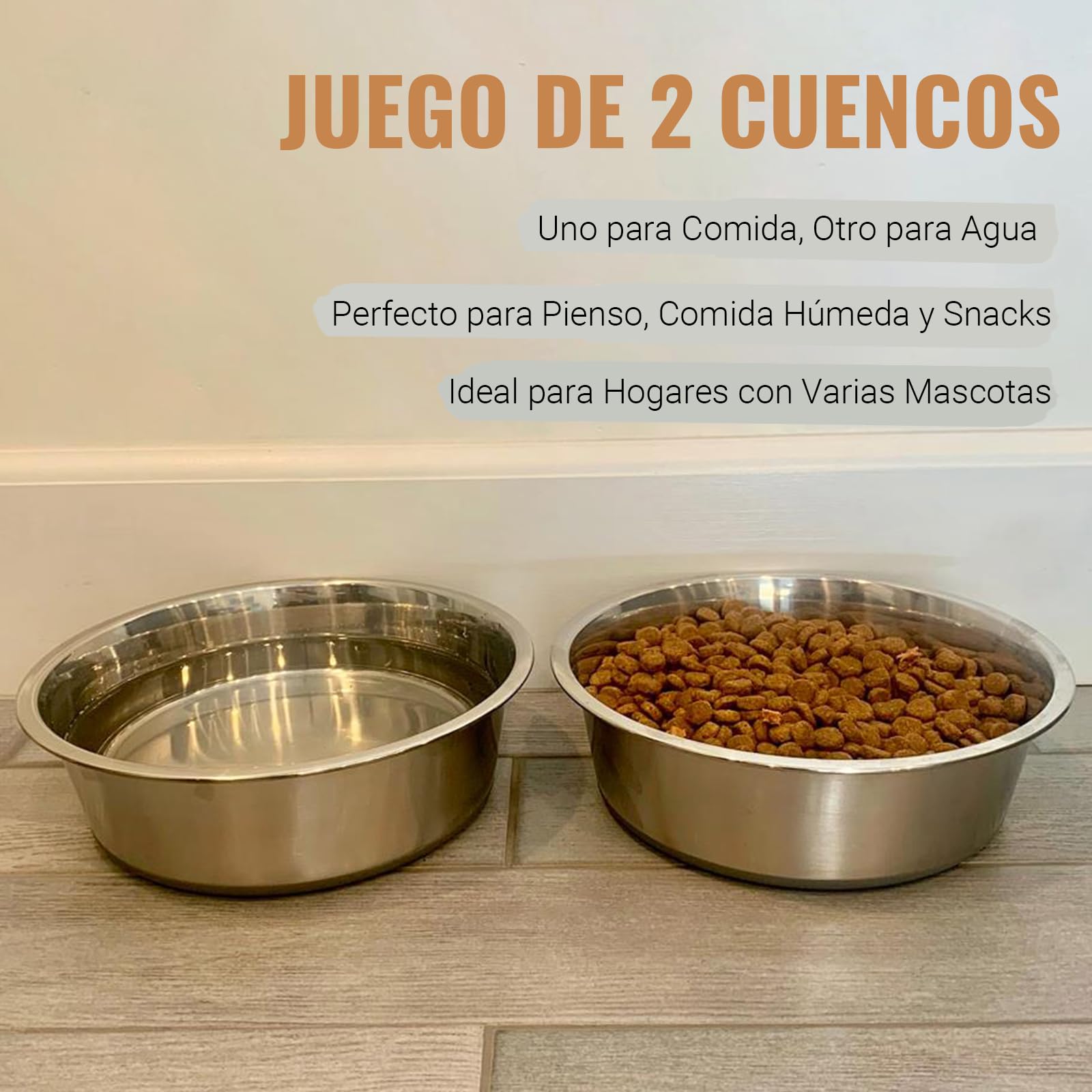 PEGGY11 Cuencos de Acero Inoxidable para Perros y Gatos, Antideslizantes, Parte Inferior de Goma, Grado Alimenticio, Sin BPA, Aptos para Lavavajillas, Fáciles de Limpiar, 480 ml, 2 Paquetes