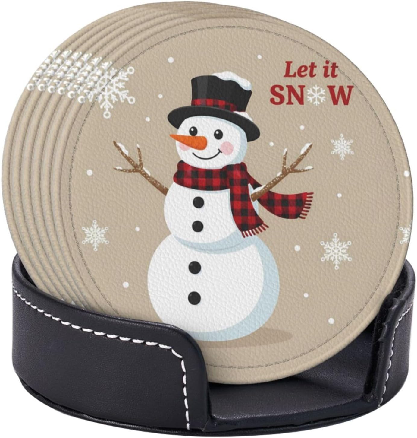Christmas Coasters Set of 6 Snowman Snowflake Let It Snow Round Leather Drinks Coaster with Holder for Coffee Table Bar Kitchen Home Decor