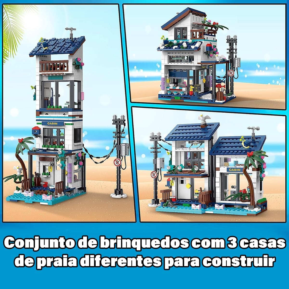 Conjunto de Blocos de Montar Construção de Casa de Praia - Modelo de Construção 3 em 1, Compatível com Blocos de 4,9 mm