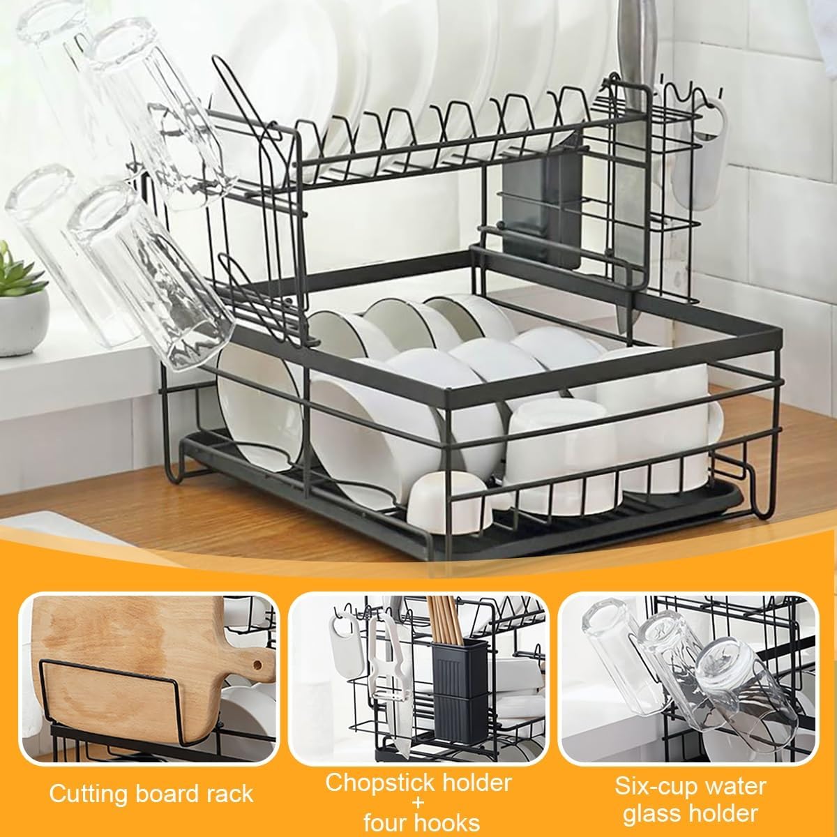 Dish Drying Rack, 3 Tier Dish Rack, Dish Drainer Drying Rack with Drainboard, Large Dish Racks for Kitchen Counter, Dish Drainer with Removable Utensil Holder