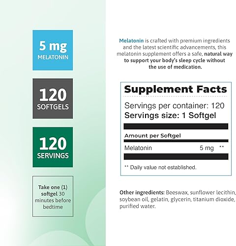 Miniatura 2 de Nutra Nutrition Cápsulas blandas de melatonina de 5 mg para adultos, 120 porciones, ayuda simplemente para dormir para soluciones naturales para