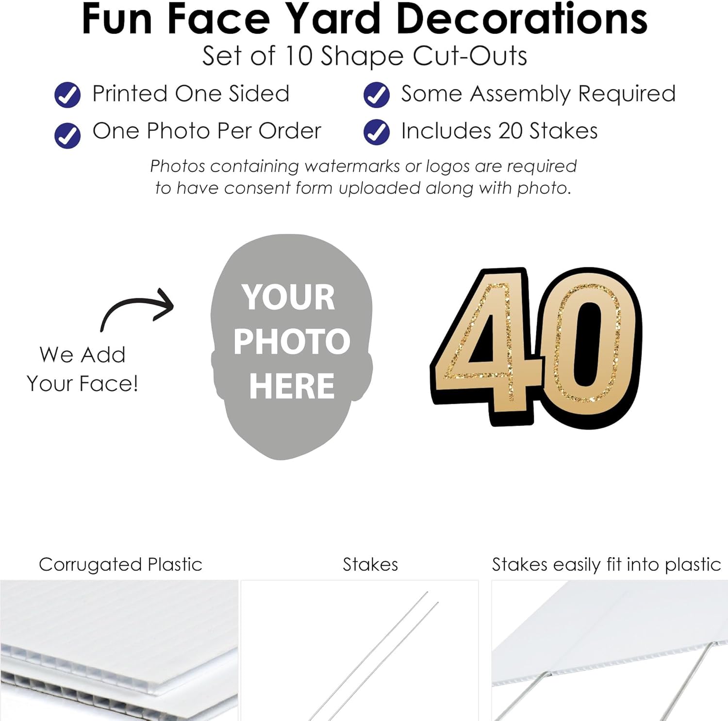 Big Dot of Happiness Custom Photo 40th Birthday Outdoor Decorations, Personalized Black & Gold Adult Birthday Lawn Ornaments, Face Cut-Out & Age 40 Party Yard Signs with Stakes - 10 Piece Set