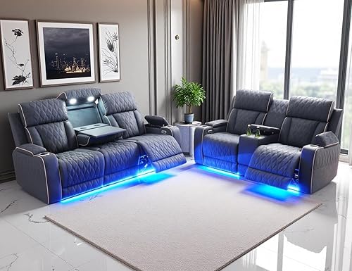 Miniatura 9 de Juego de sofá reclinable eléctrico, juego de sofá reclinable de cine en casa, sofá biplaza reclinable de cuero transpirable con Debut negro,Negro