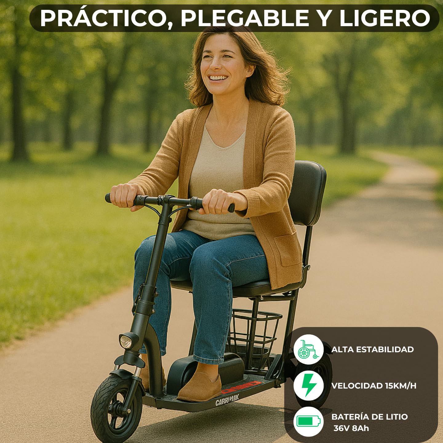 Silla de Ruedas Eléctrica - Scooter Eléctrico Adultos Plegable Auton 25Km Motor 300W - Movilidad Reducida - Minusválidos Ligero - Triciclo Eléctrico Plegable Asiento Ergonómico | CAREWAY