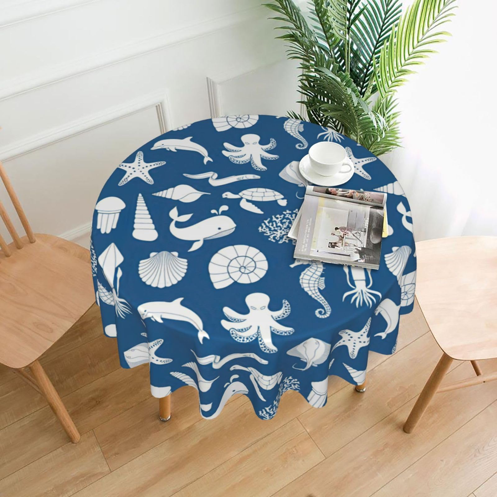 SDEGTHO Underwater Marine Life Print Modern Retro Round Tablecloth 60in Polyester Fabric Cover for Party Dining Table Washable