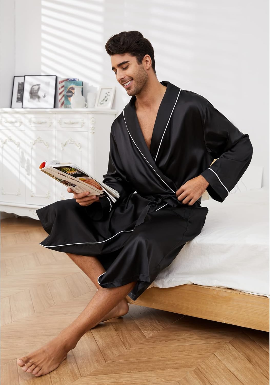 Vulcanodon Men’s Satin Robe Lightweight,Men's Luxurious Silk Kimono Bathrobe - Image 4