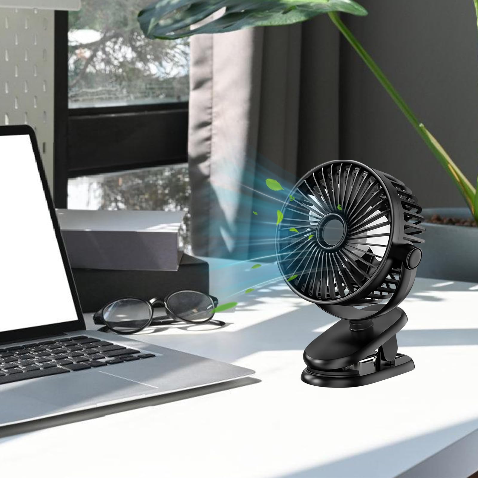 Mini ventilatore a clip, 5000 mAh, con clip, mini ventilatore, ventilatore da tavolo, ventilatore a morsetto, piccolo ventilatore da tavolo, silenzioso, 3 livelli di velocità, rotazione a 360°