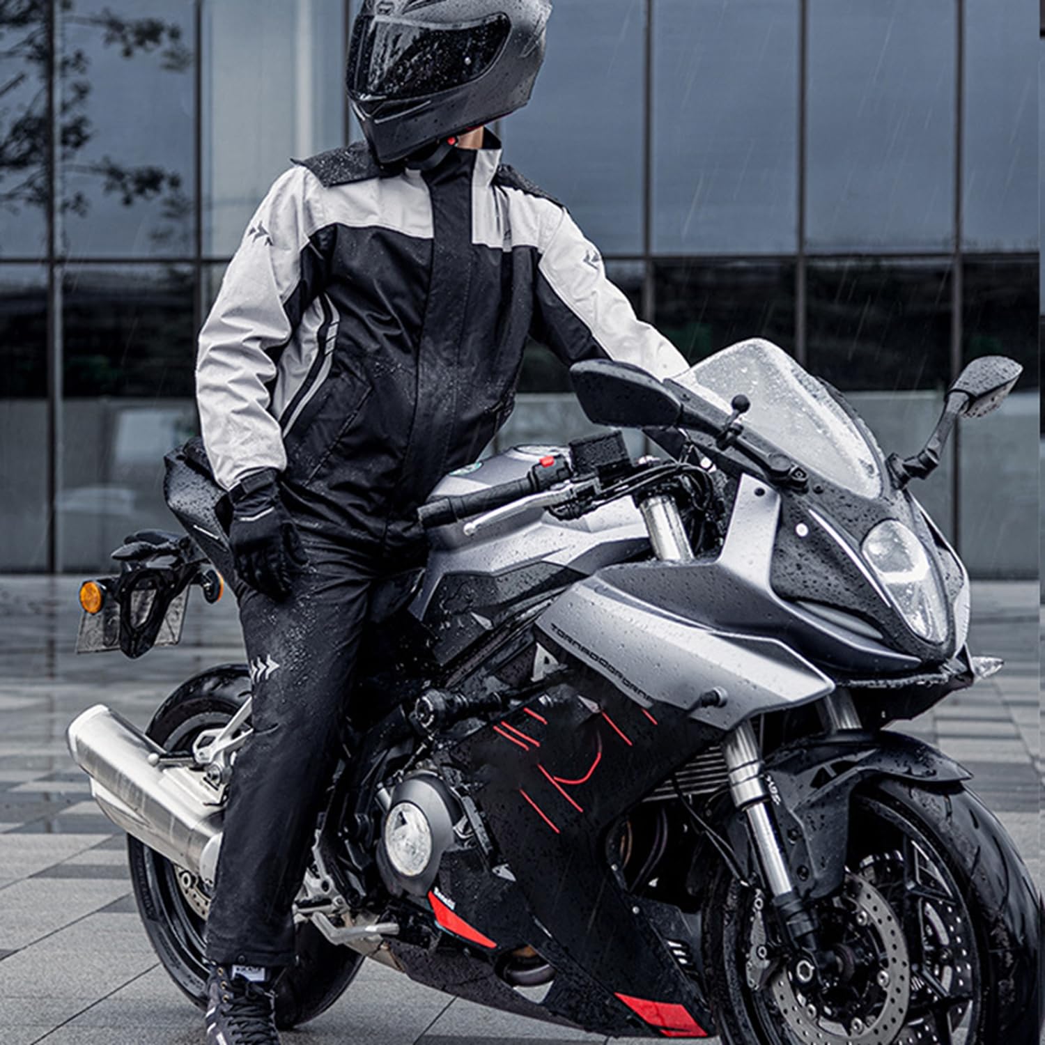 M&Catree Wodoodporne outdoorowe kombinezony przeciwdeszczowe motocyklowe, kurtki z kapturem, z bezpiecznym paskiem odblaskowym i spodniami, odzież przeciwdeszczowa