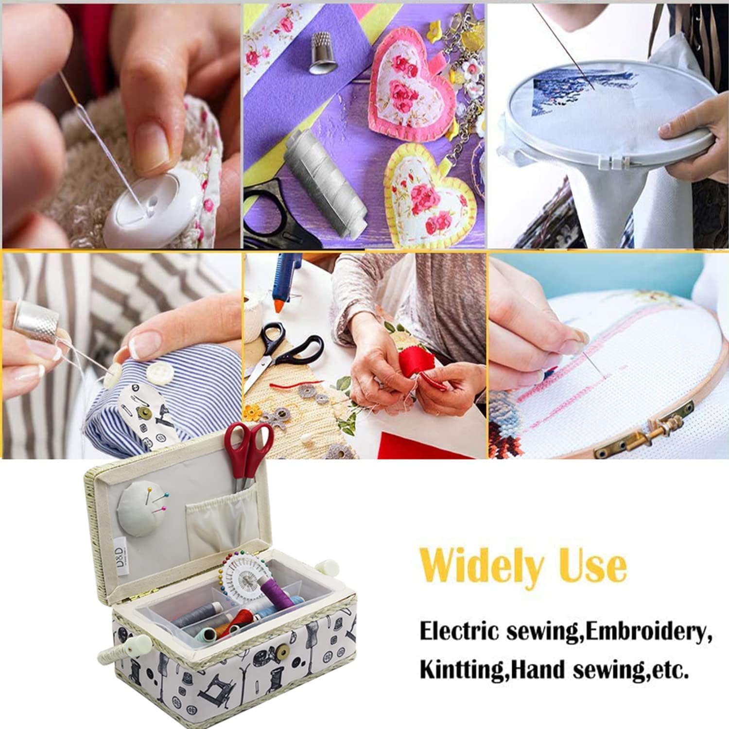 Small Sewing Basket with Supplies, Sewing Kit Storage Box for Girls/Kids/Beginners (White, Sewing Accessories Pattern)