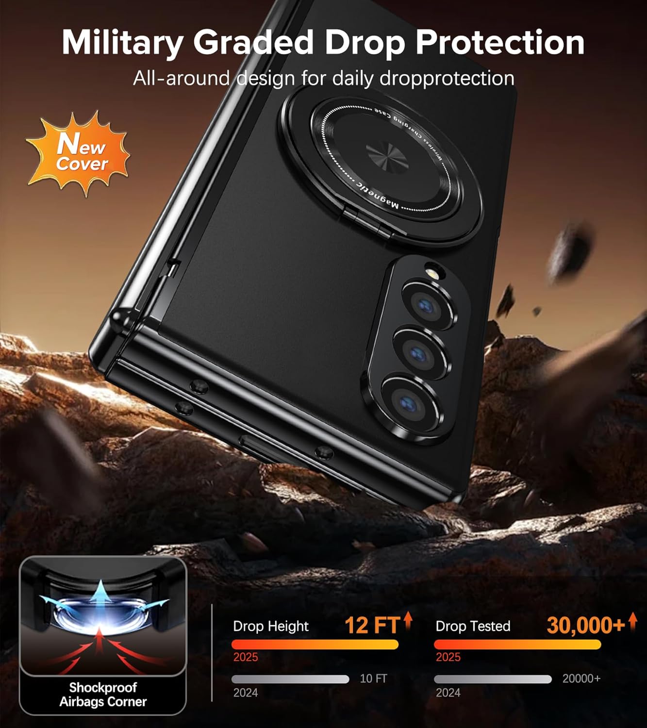 for Samsung Galaxy Z Fold 4 Case with Screen Protector, Hinge Protection Phone Case for Z Fold 4, with Mag-Safe, 360° Rotating Ring Holder, Hard PC Shockproof Full Body Protective Cover (Black)