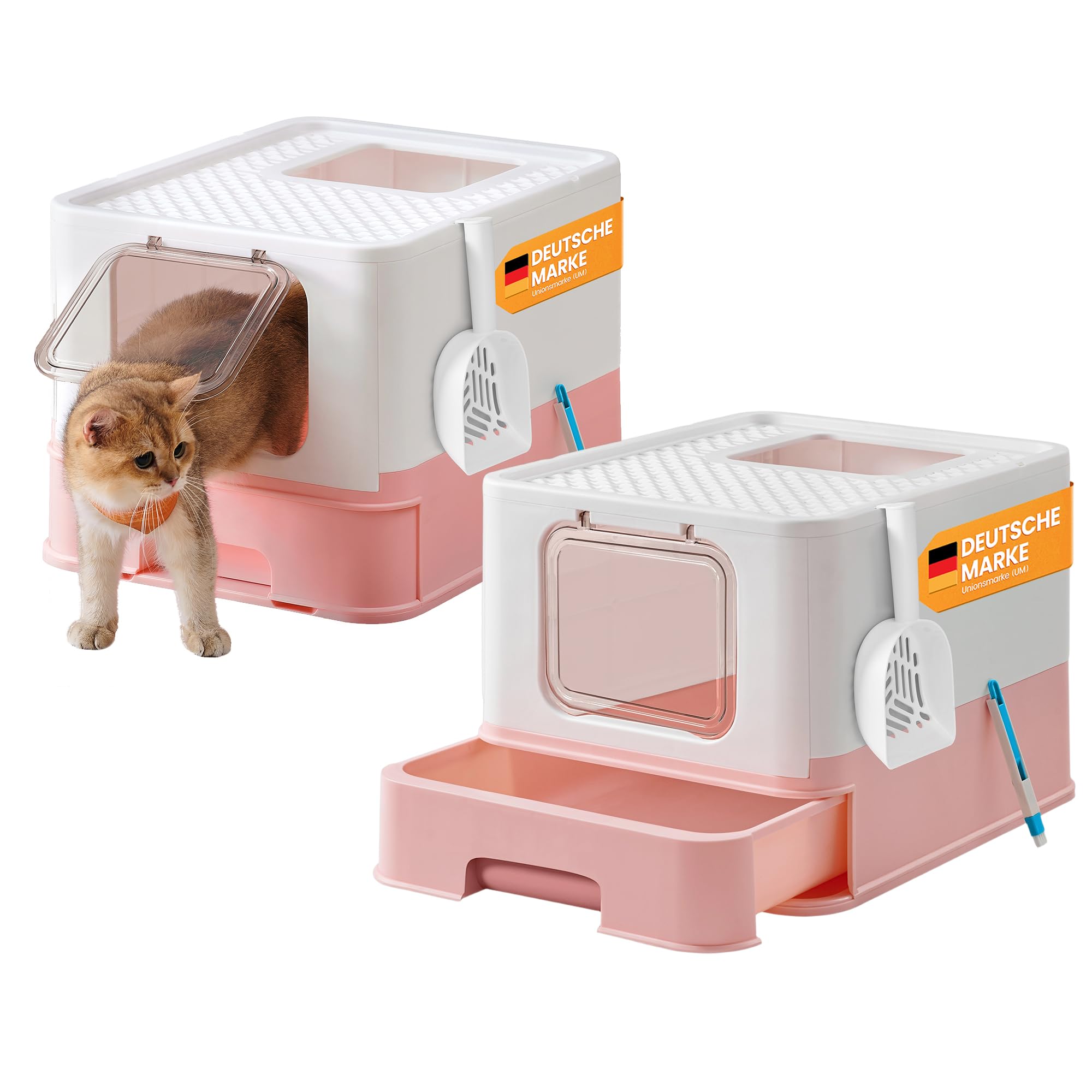 Feandrea Katzenklo 2er Set, Katzentoilette, mit Deckel, ausziehbares Tablett, Schaufel, Bürste, für Katzen bis 15 kg, weniger Spuren, auslaufsicherer Boden, weiß-pastellrosa PPT001P10