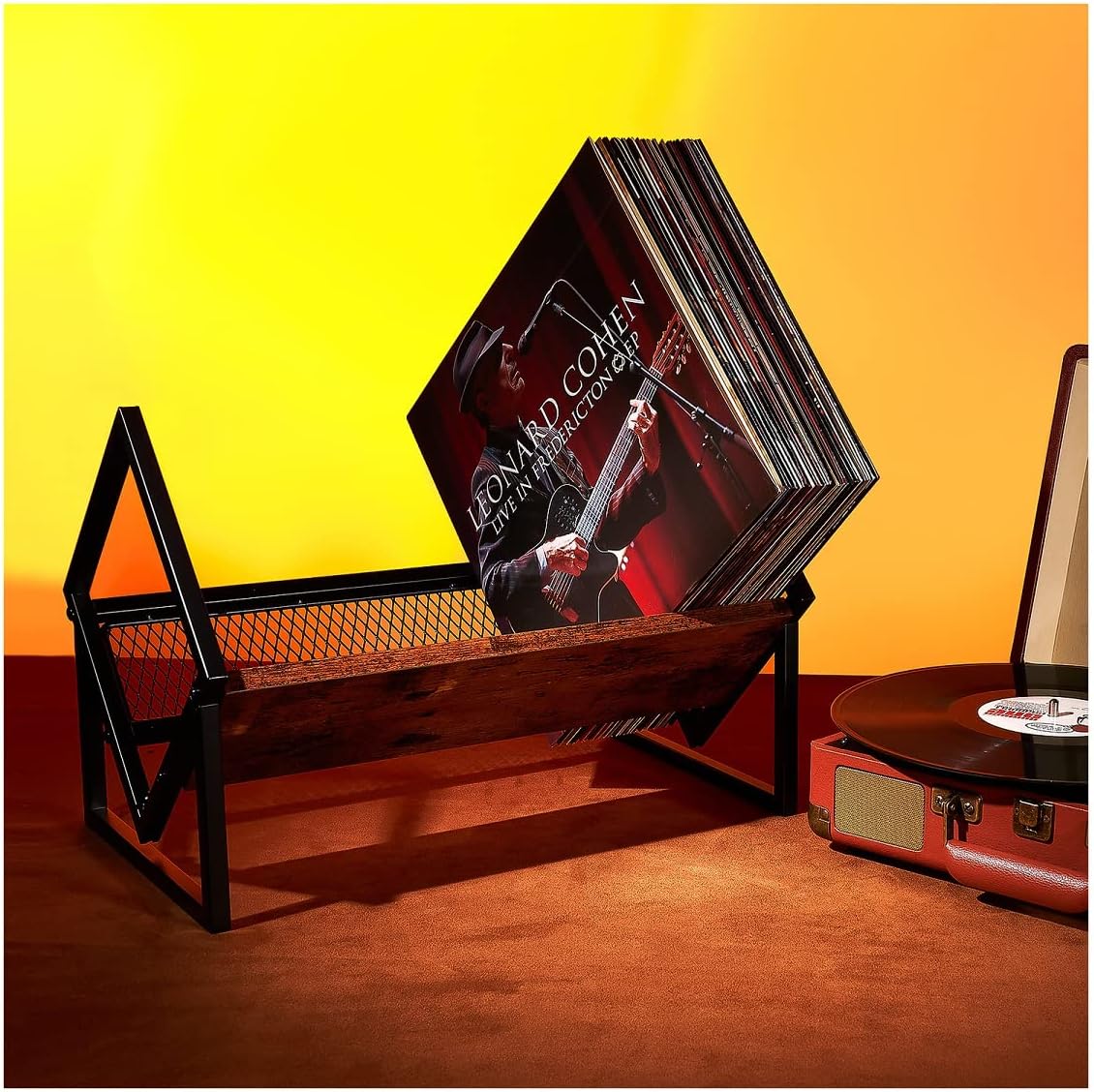 HOYRR Record Holder,Vinyl Record Holder,Vinyl Record Storage,Record Holder of Wood and Iron,Classic Design Record Holder can Hold 90-100 Vinyl Storage,Easy Access Record Holder.Black