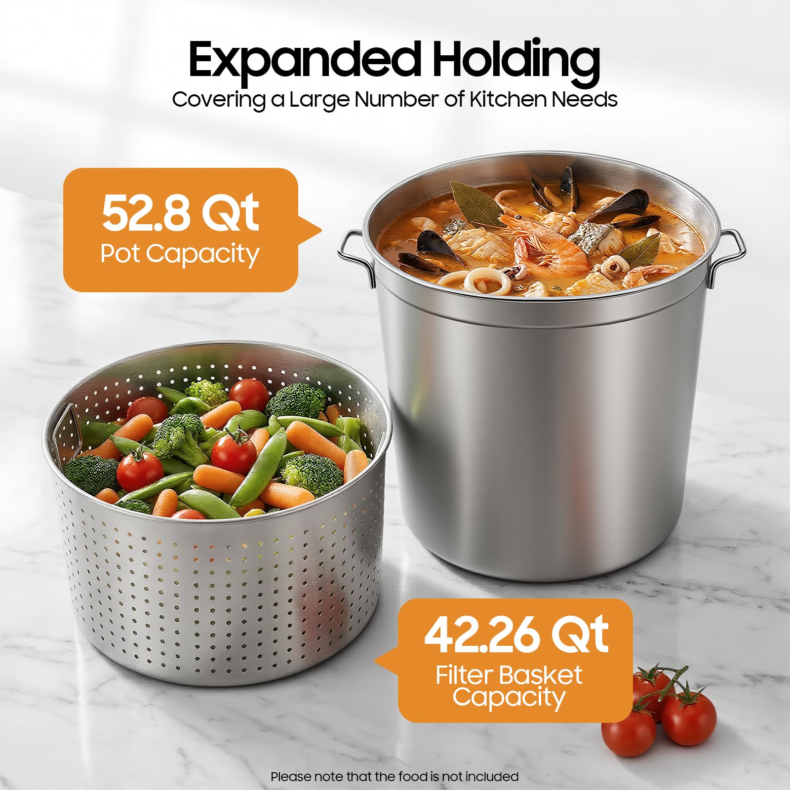 Olla de acero inoxidable 50L con cesta de filtro, olla de inducción de gran capacidad, cazuela sopa profesional, tapa asas retráctiles, todos los fuegos