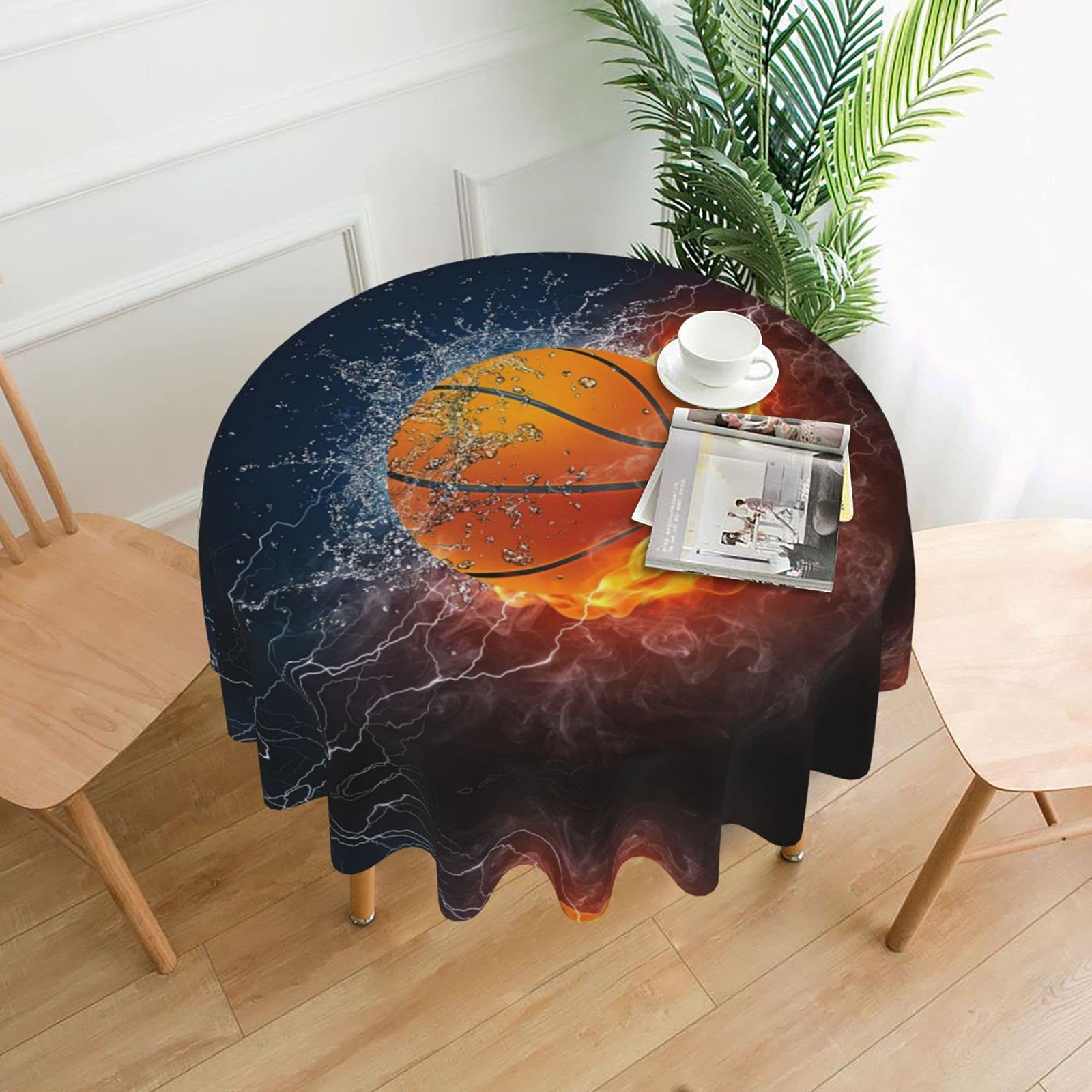 Lawenp Basketball On Fire and Water Flame Splashing Decorative Round Table Cloths - 60 Inches in Diameter for Buffet Tables, Parties, Holiday Dinners.
