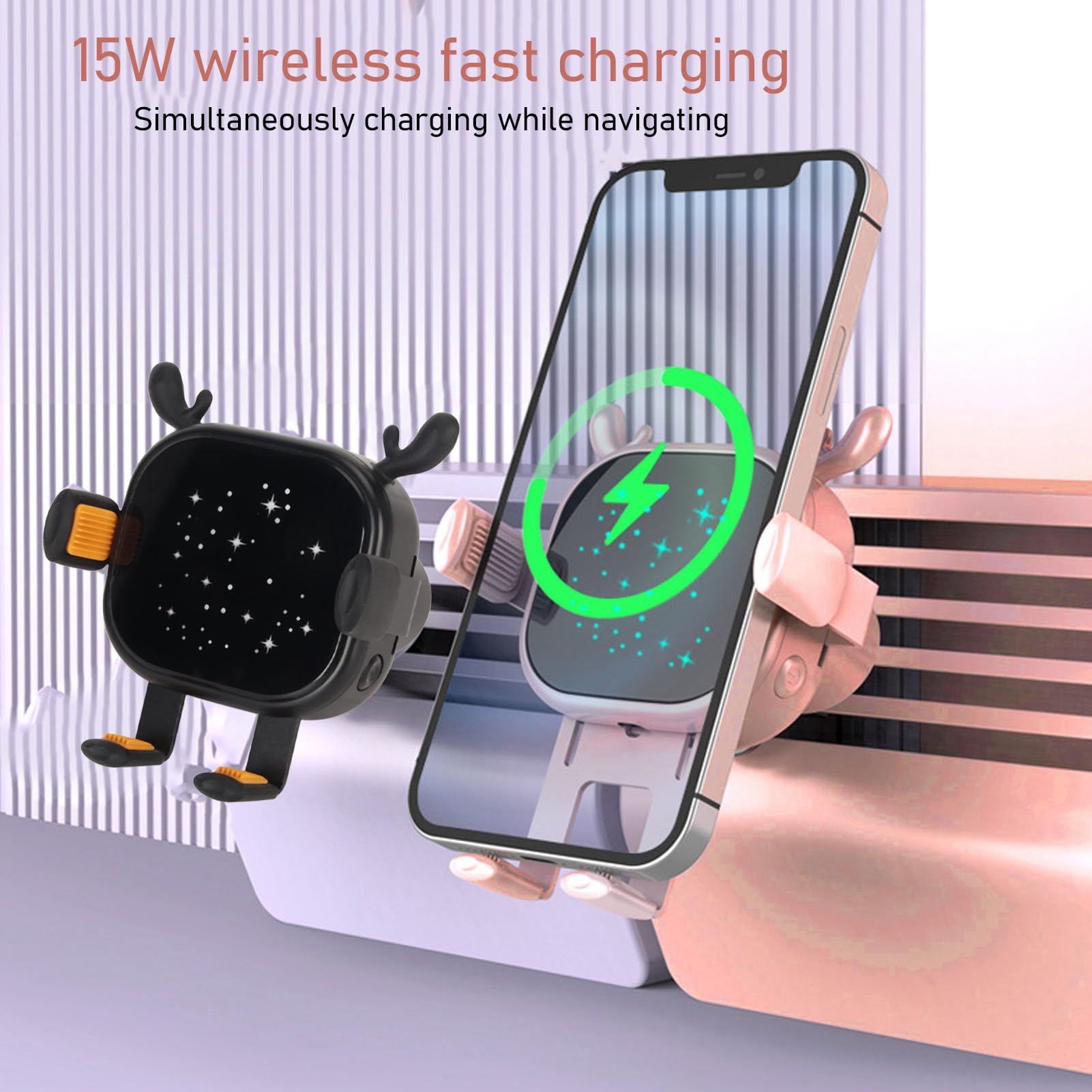 Caricabatteria da Auto Wireless Veloce da 15 W, Bloccaggio Automatico, Supporto per Telefono da Auto con Luce D'atmosfera Colorata con Supporto Stabile per IOS per X XS
