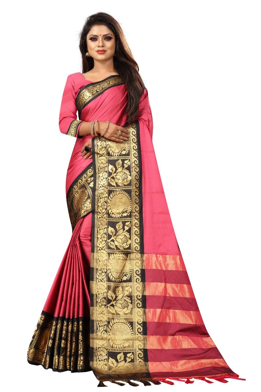 Vanshi Creation Women's Cotton Silk Saree with Unstitched Blouse Piece (Pink)