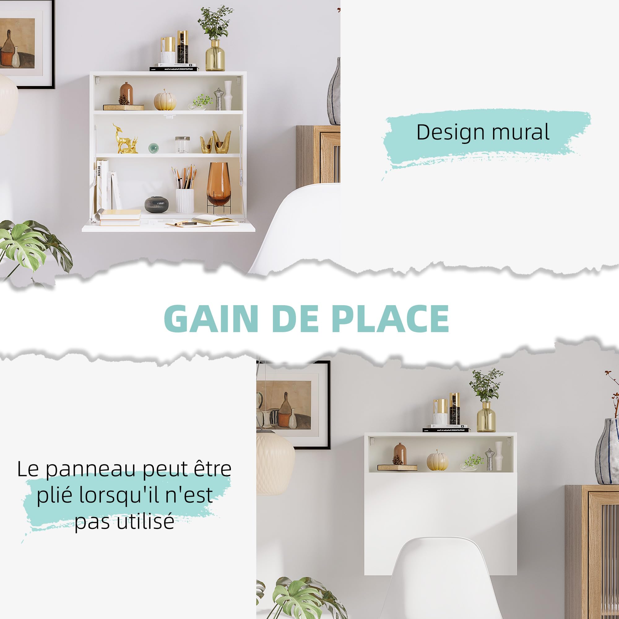 HOMCOM Bureau Suspendu avec Tablette Rabattable 64 x 20 x 60 cm Blanc