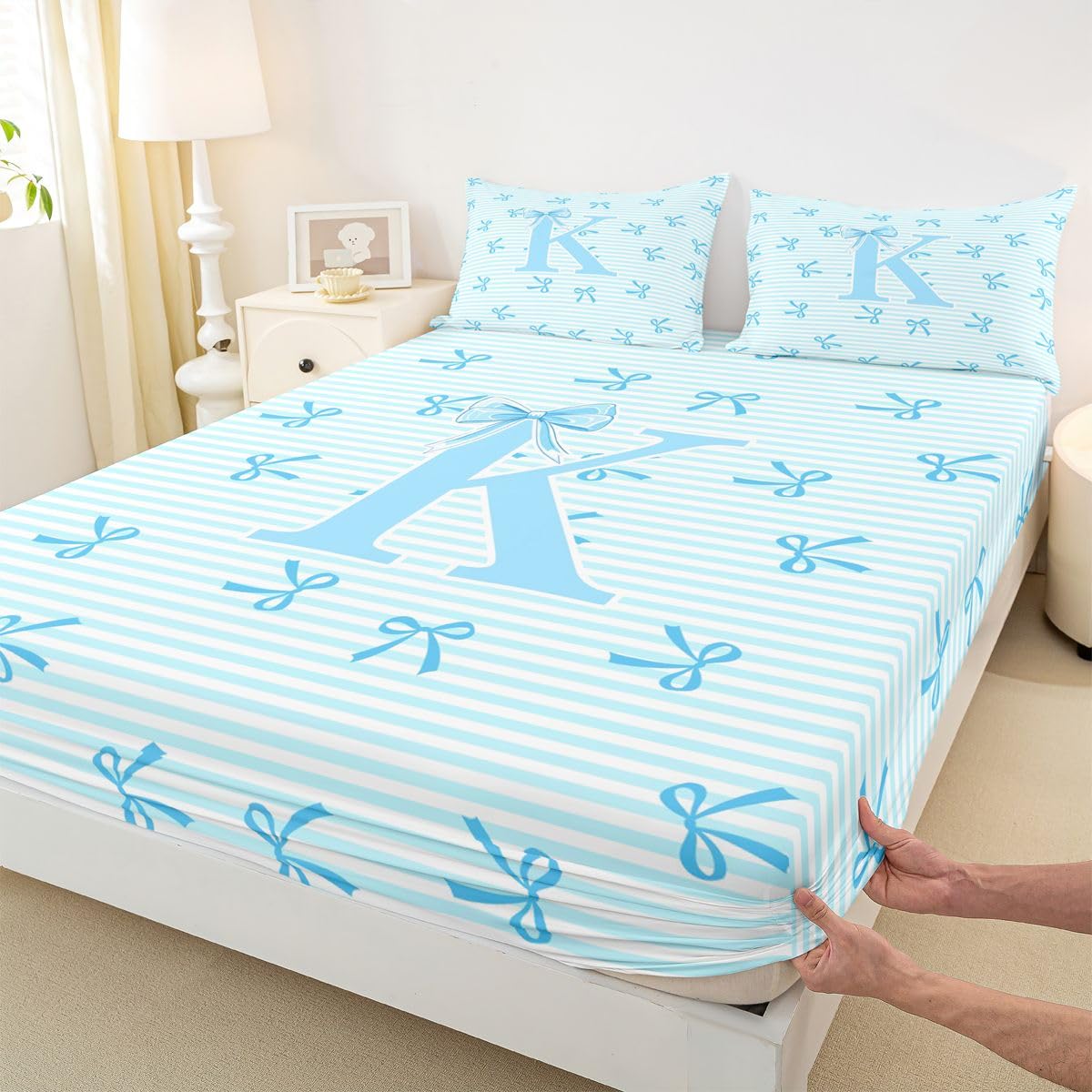 Homewish Spersonalizowane prześcieradła z literą K podwójna urocza niebieska kokarda zestaw pościeli marzycielska księżniczka kokarda zestaw pościeli - Kawaii kokardki dziewczęce dopasowane płaskie