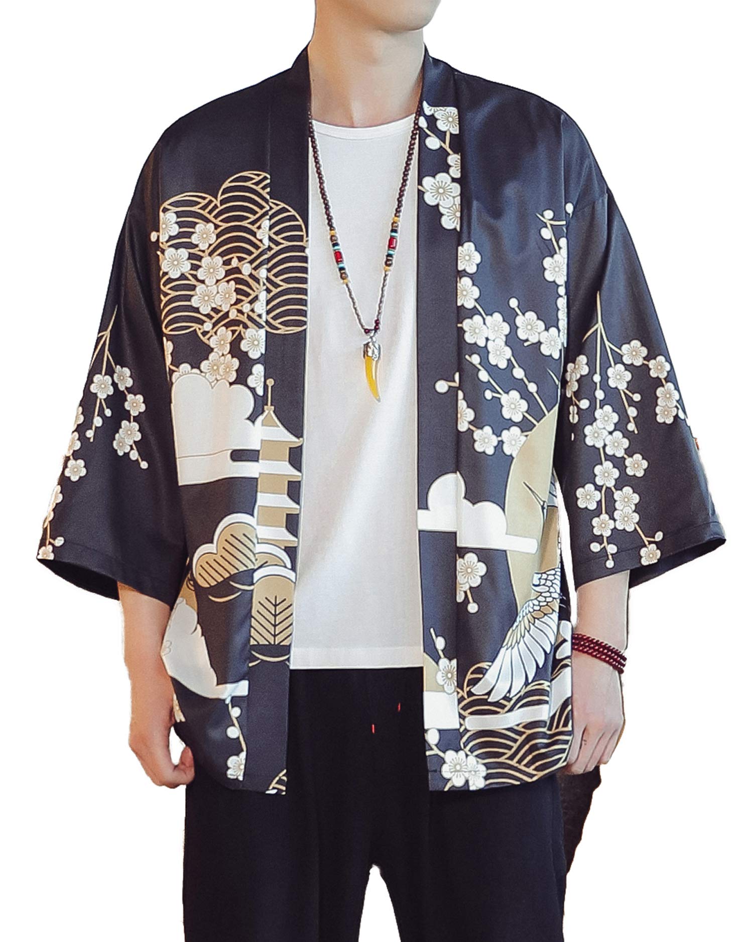 Men's Kimono Jacket Lightweight 3/4 Sleeve Kimono Cardigan Japanese Robe