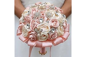 8.7" Peach Pink & Cream Bridal Wedding Bouquet Round Bling Brooch Bouquet