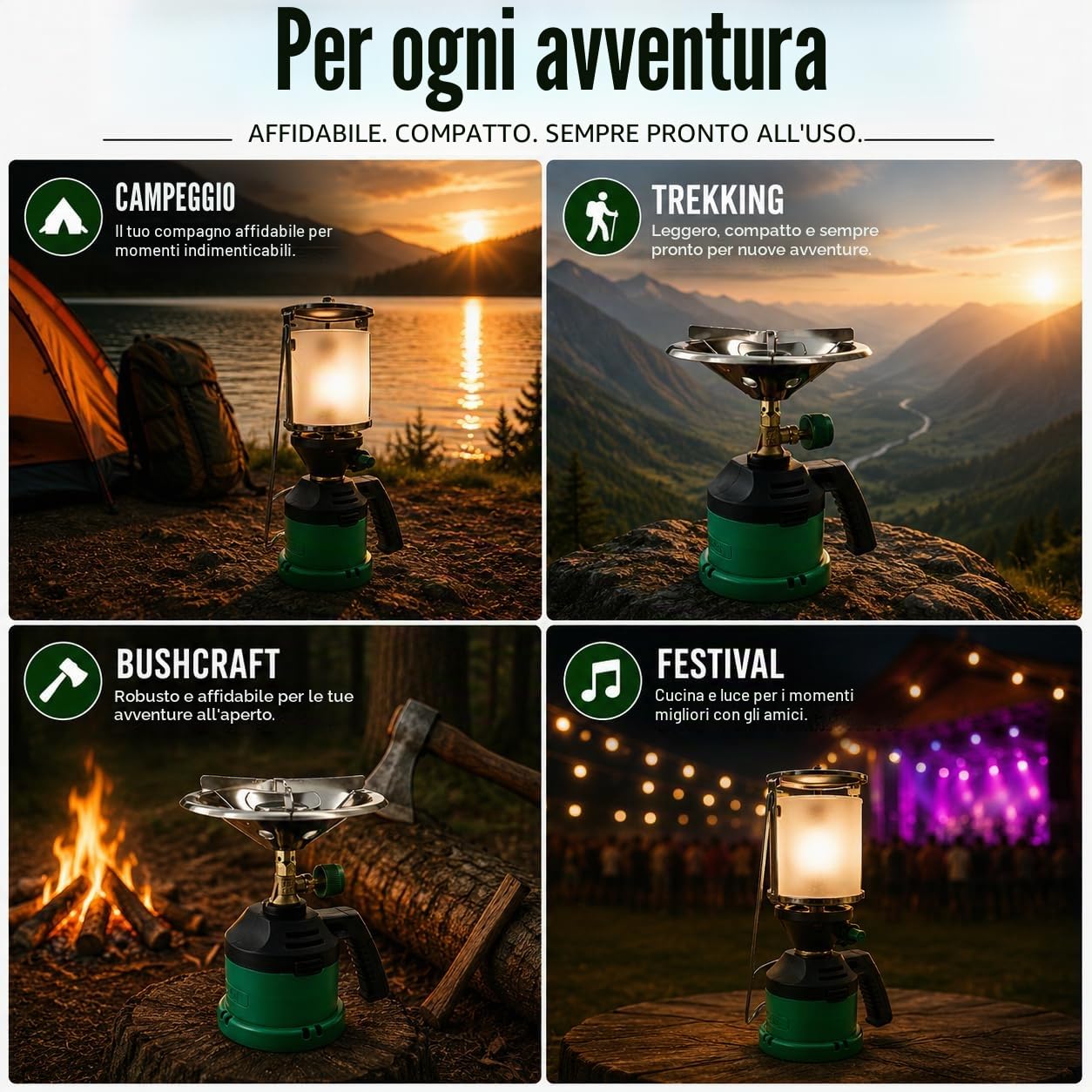 NOLA Set da campeggio + fornello a gas + 4 cartucce di gas pungente + lampada