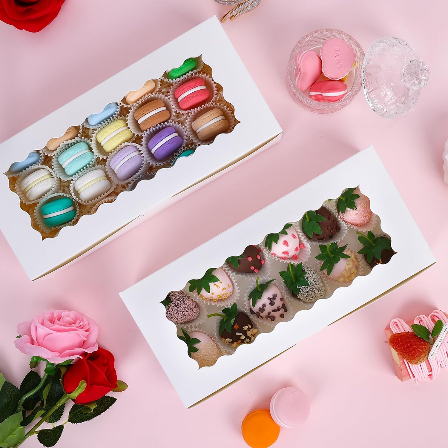 Moretoes 30pcs Auto-Popup Cookie Boxes, 12x5.5x2.5 Inch White Bakery Boxes | Food-grade Treat Boxes, Pastry Boxes for Treats, Chocolate Covered Strawberry, Donuts, Pastries, Cake Pops