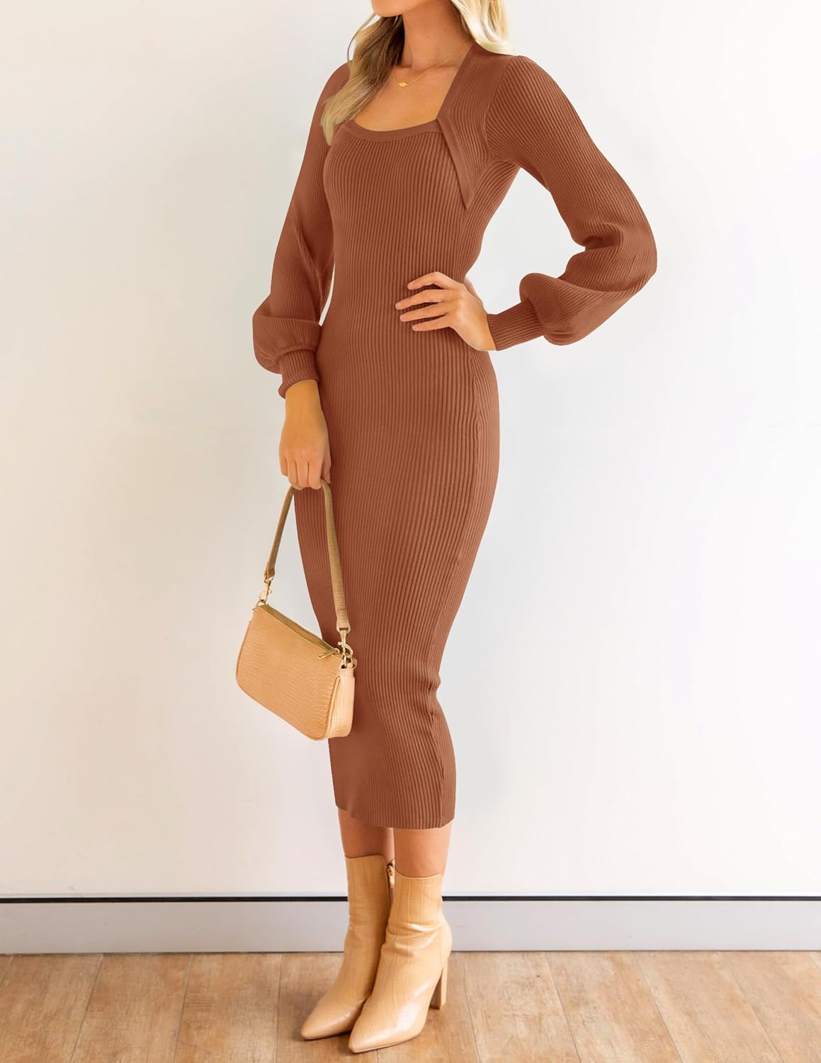 ZESICA Women's 2026 Square Neck Ribbed Knit Dress Puff Long Sleeve Slim Fit Bodycon Fall Winter Pullover Sweater Dress - Image 3