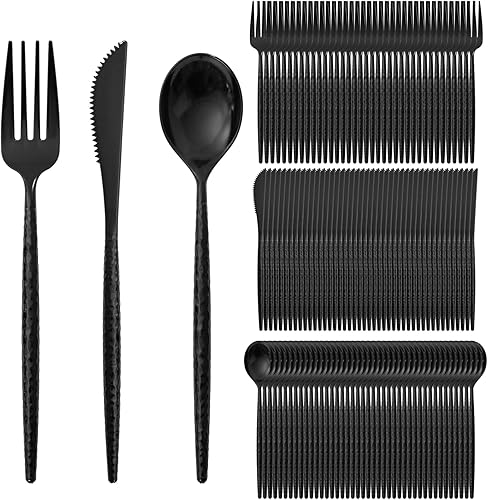 Miniatura 17 de Supernal 360 piezas de cubiertos de plástico dorado resistentes desechables. Juego de cubiertos dorados incluye 120 tenedores, 120 cuchillos, 120