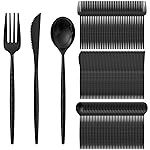 Supernal 360Pcs Black Plastic Silverware Heavy Duty Disposable Cutlery with Hammered Design,Black Utensils Set Include 120 Knives,120 Forks and 120 Spoons Suitable for Party,Anniversary&Halloween