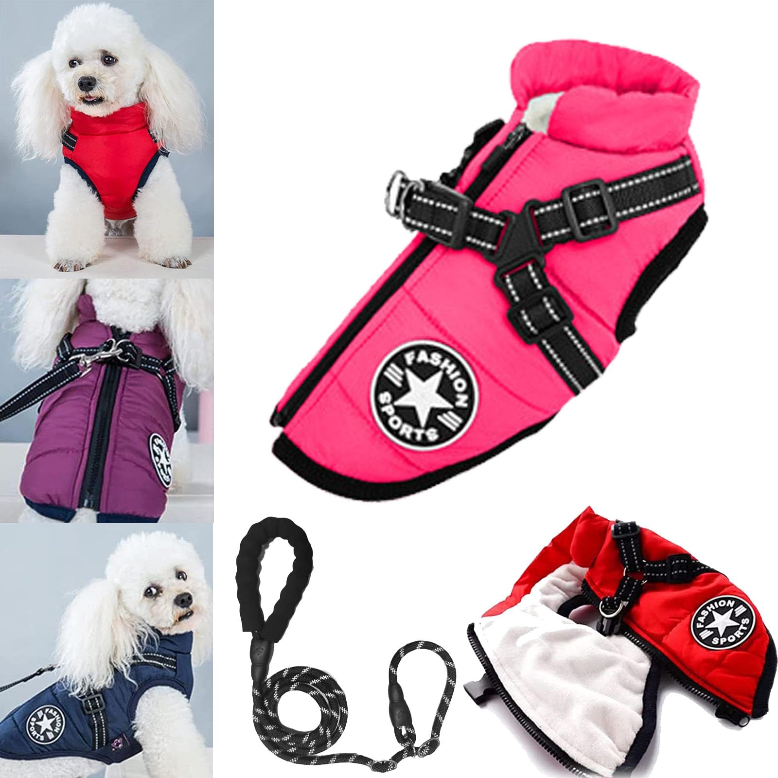 3 in 1 Winter Jacket for Dogs, Waterproof Windproof Dog Snow Jacket with Harness and Zipper, Pet Outdoor Jacket for Small Medium Large Dogs/Cats (Pink