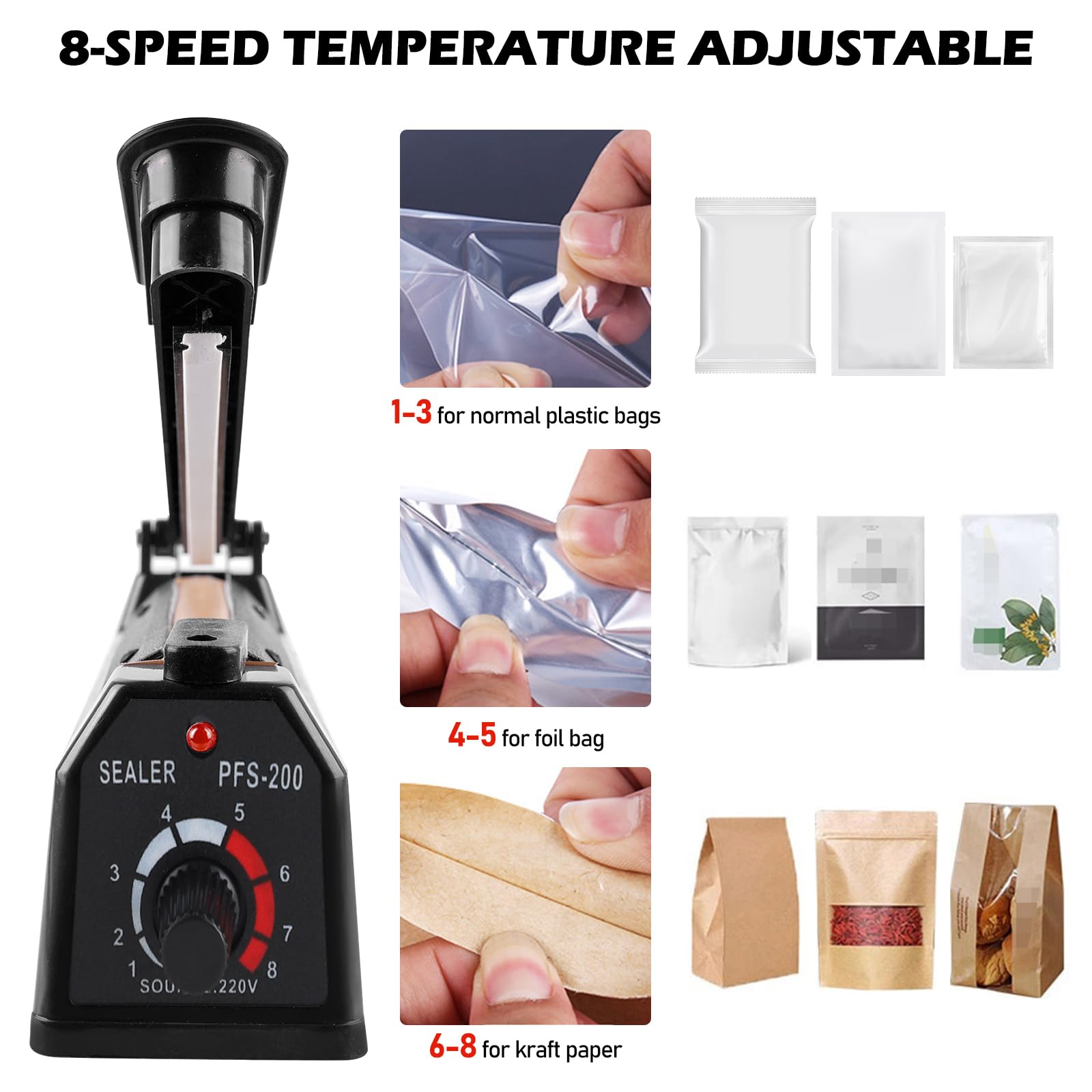 Machine À Sceller À Chaud 200 mm, Thermoscelleuse Machine, Scelleuse Thermique, Scelleuse De Sacs En Plastique, Impulse Heat Sealer, 3 mm Largeur d'étanchéité, Contrôle de température à 8 niveaux