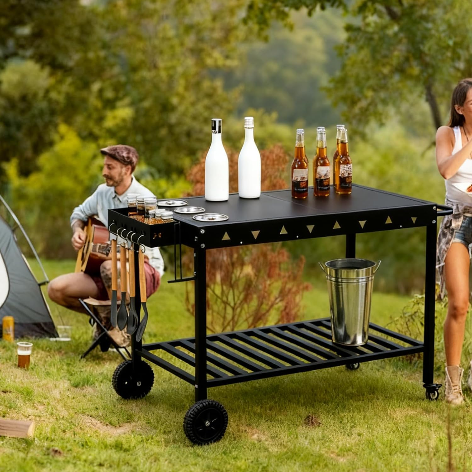 Portable Outdoor Grill Table with Wheels, Heavy-Duty Griddle Stand Grill Cart with Shelves,Towel Holder, Spice Pots & Bottle Opener, Multi-Functional BBQ Prep Station & Utility Cart