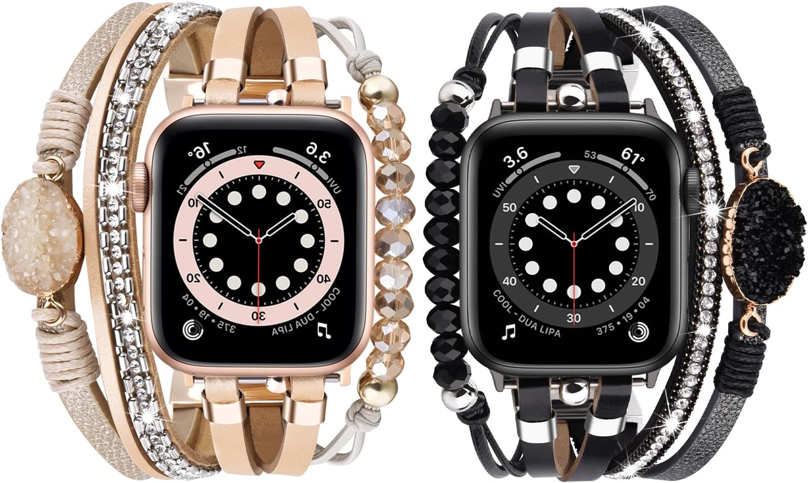 VISOOM 2 Pack Beaded Boho Bracelet Compatible for Apple Watch Bands 40mm/38mm/41mm Series 9 8 7 SE 6/5/4 Women Leather Fashion Cute Handmade Multilayer Wrap Watch Strap for iWatch Bands 3/2/1