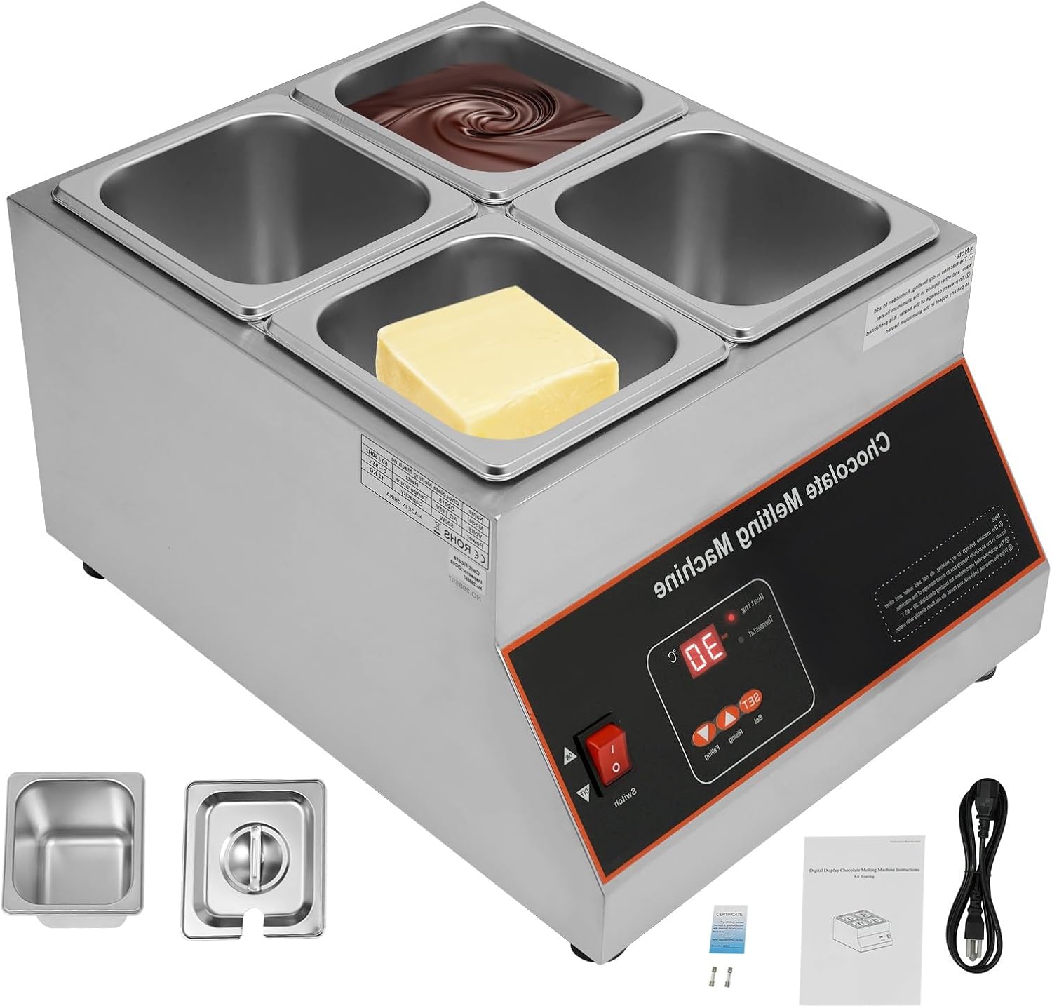4 Pots Stainless Steel Professional Chocolate Melting Machine, Chocolate Melting Pot with Adjustable Temperature 32-203°F, Commercial Electric Chocolate for Melter Baking, Cream, Butter (4-Tank)