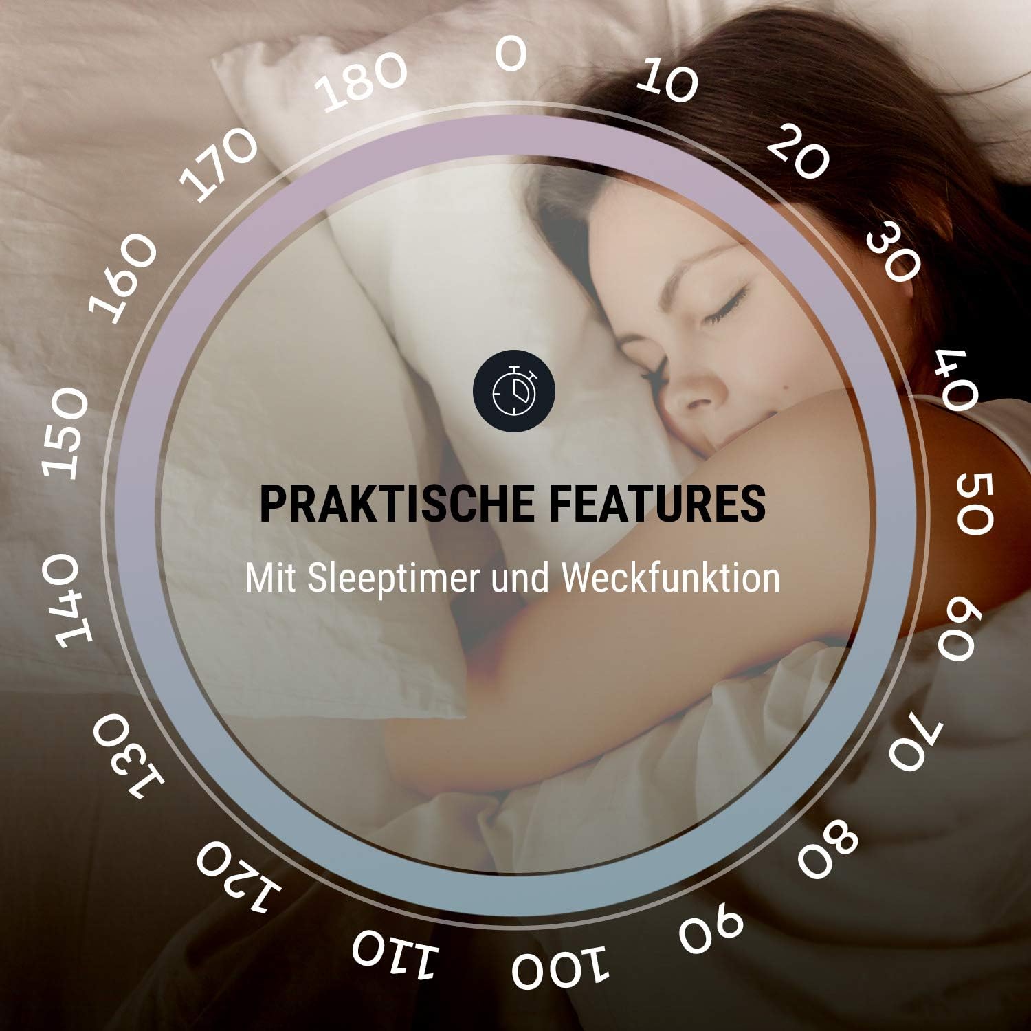 Graphic illustrating a sleep timer with a clock icon and a person sleeping, surrounded by time increments.