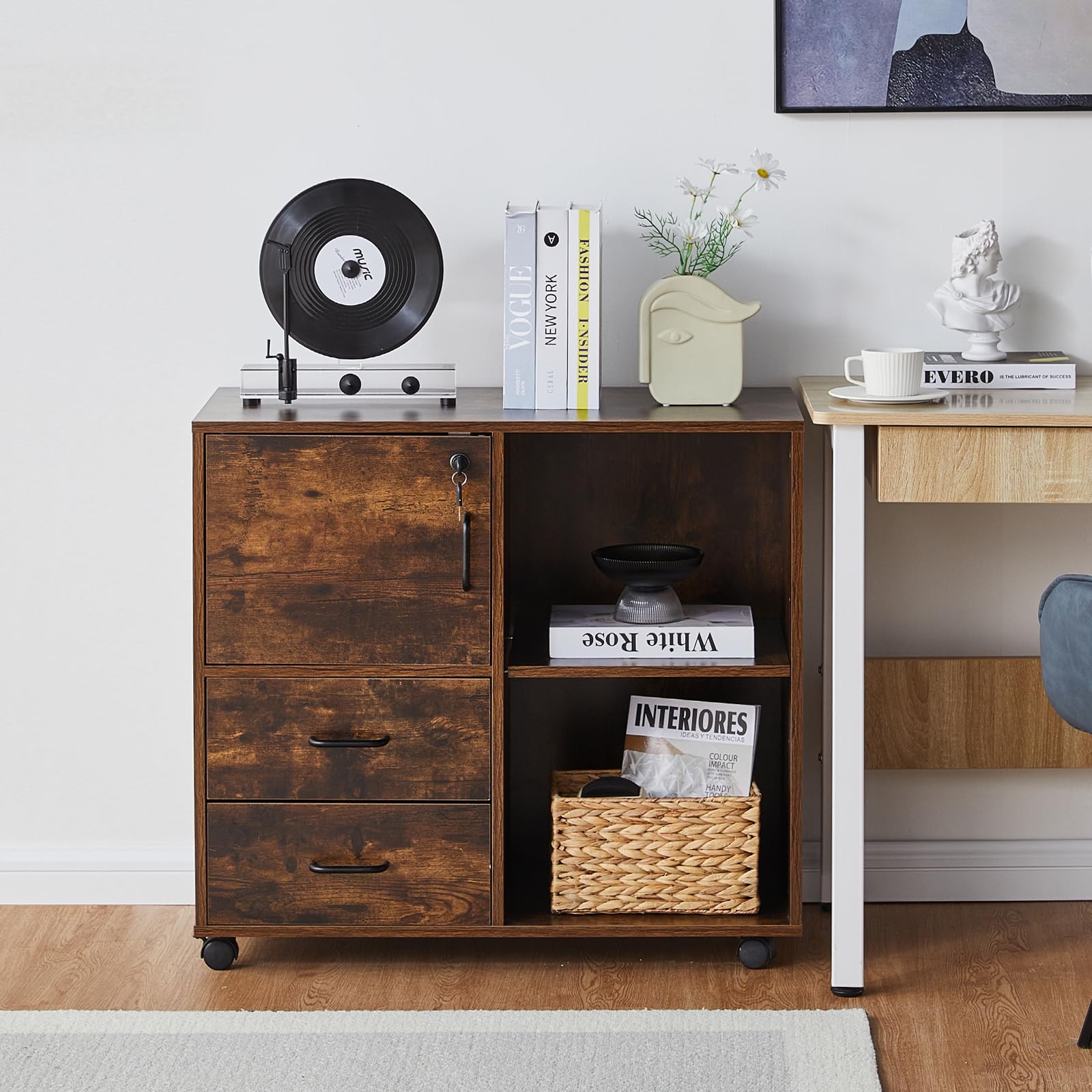TUKAILAI Rollcontainer, Mobile Aktenschränke, Aktenschrank mit 2 Schublade 2 Regal, Büroschrank mit 4 Rollen 1 Tür, Home Office Lagerung Aktenschrank Abschließbar, 80 x 40 x 74.5 cm, braun