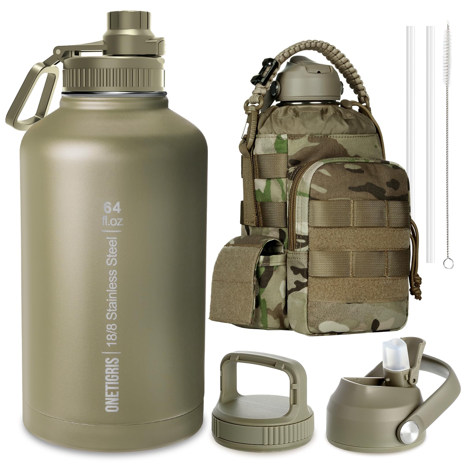 ONETIGRIS Tactical Half Gallon Water Bottle with Straw - 64 oz Vacuum Insulated Stainless Steel Water Jug, Leakproof Sport Bottle with 3 BPA Free Lids, Paracord Handle & MOLLE Water Pouch for Outdoor