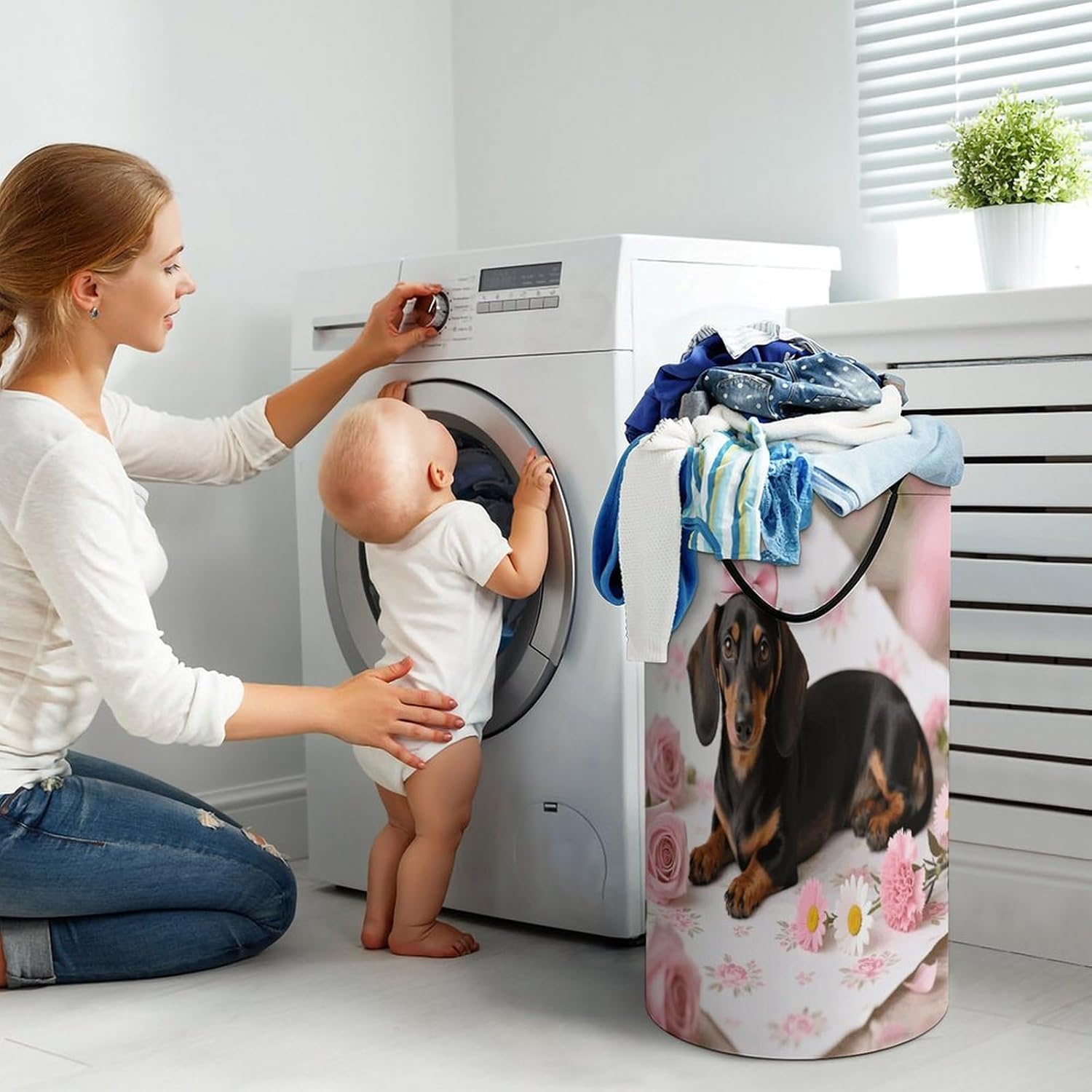 Dachshund Sausage Dogs Pink Flowers Print Laundry Hamper Portable Lightweight Clothes Hampers Fashion Dirty Laundry Storage Basket Large Capacity Foldable Clothes Baskets for Bathroom Bedroom