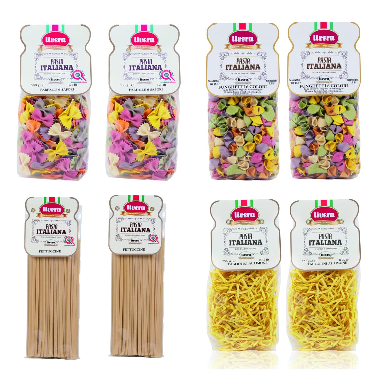 LIVERA - KIT ASSAGGIO Pasta Italiana Artigianale Mista, Aromatizzata e Colorata, Essiccazione Lenta, Confezione Degustazione 6 x 500g + 2 x 250g, Made in Italy